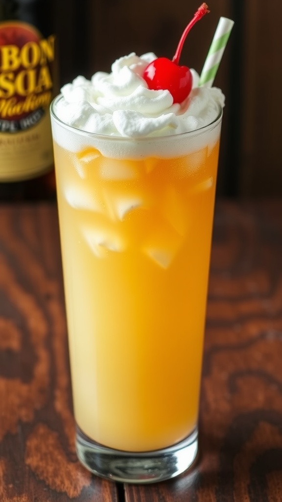 A tall glass of Bourbon Cream Soda with ice, garnished with a cherry and whipped cream on a wooden table.